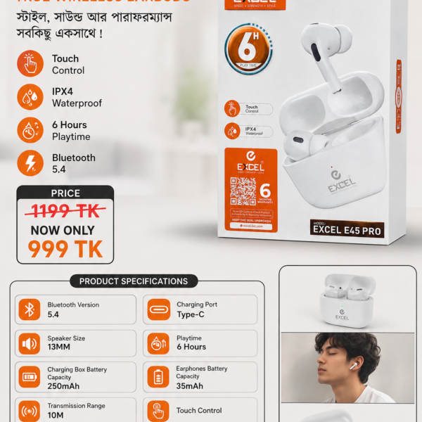 EXCEL E45 PRO Wireless Earbuds (Latest Bluetooth 5.4)